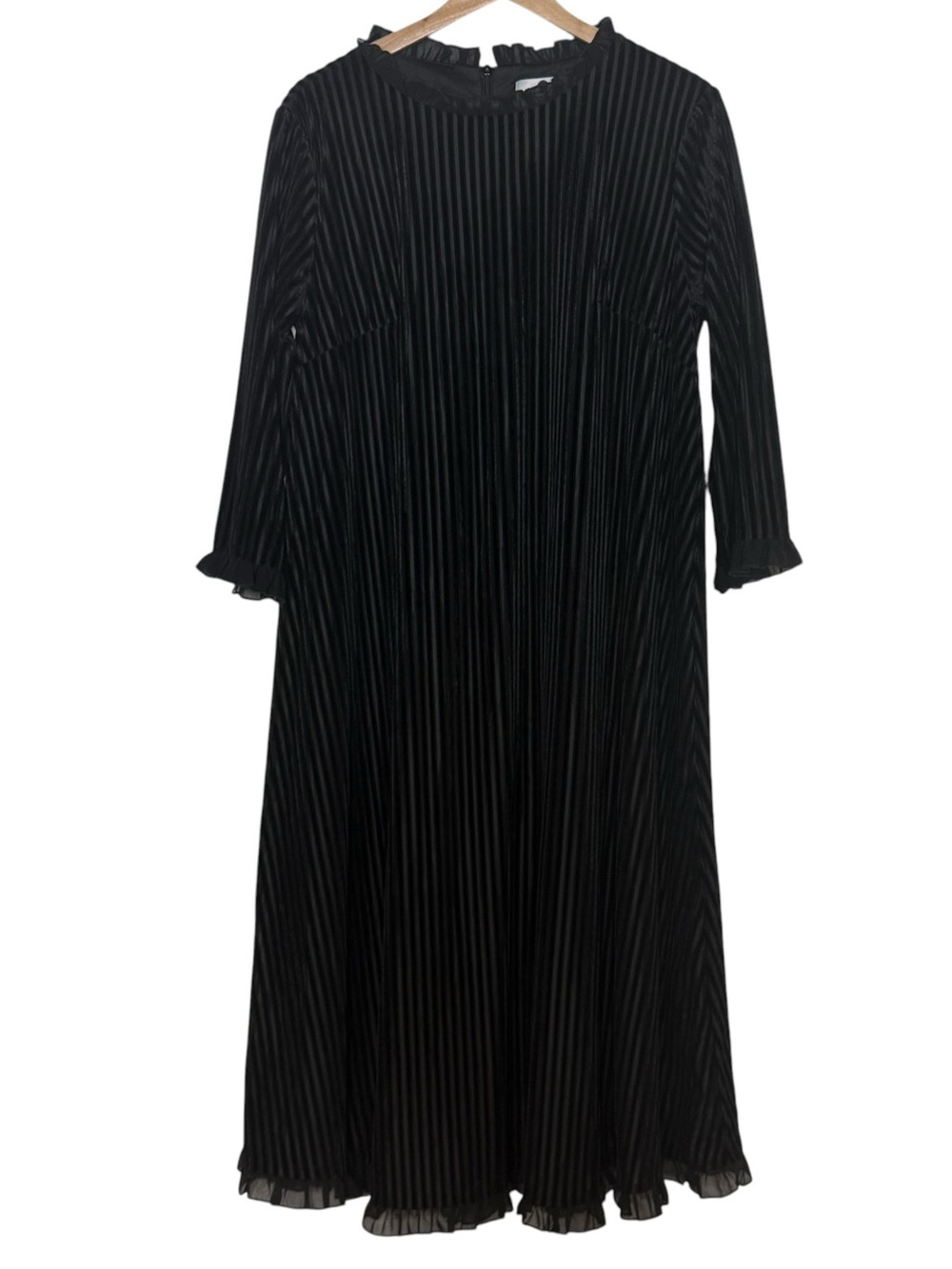 Dainty Jewells Ribbed Velvet Ruffle A-Line Black Midi Dress Size L Party